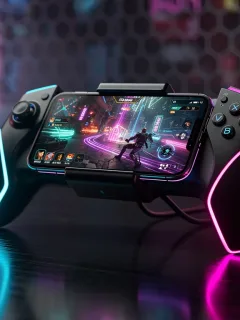 Futuristic mobile gaming controller attached to a smartphone, glowing with neon lights, showcasing advanced mobile gaming in 2026.