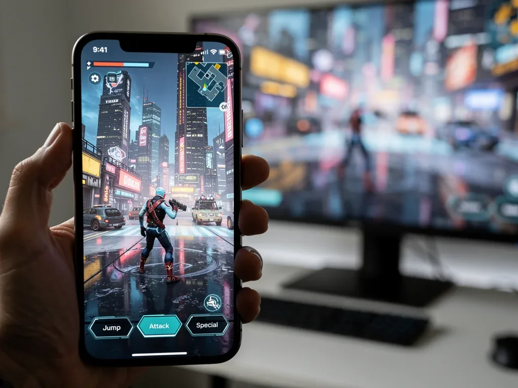 Smartphone screen showing a high-fidelity game with a PC monitor in the background, highlighting visual parity.
