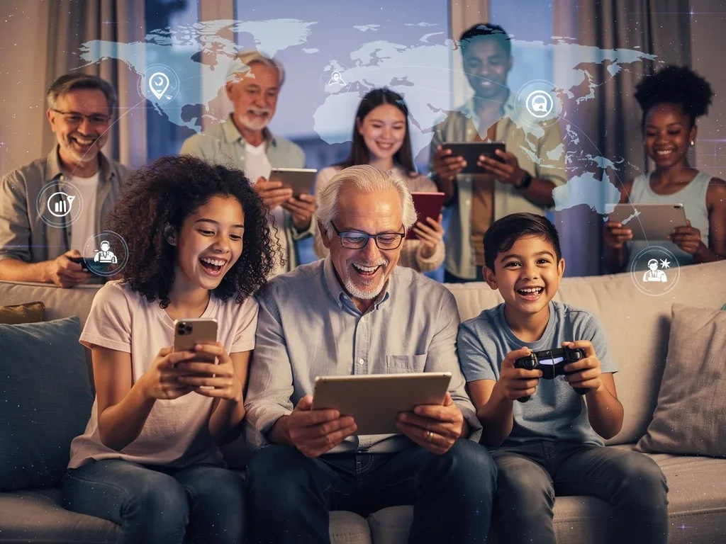 Diverse group of gamers playing together on multiple devices, emphasizing global community.