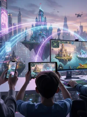 Futuristic mobile gaming scene with players on various devices enjoying cross-platform play.