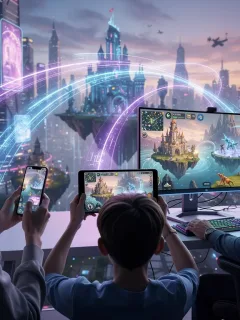 Futuristic mobile gaming scene with players on various devices enjoying cross-platform play.