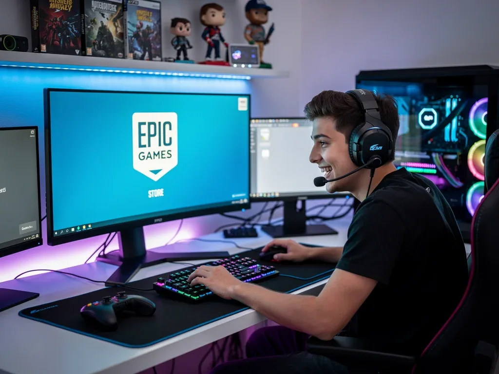 Gamer enjoying a free game from the Epic Games Store on a high-end PC.