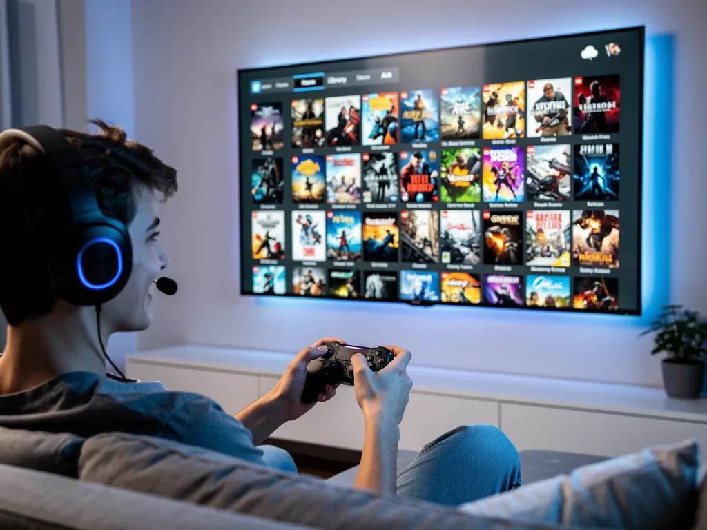 Gamer enjoying cloud gaming through a console subscription service in 2026.