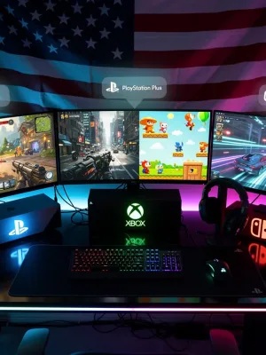 Futuristic gaming setup showcasing 2026 console subscription benefits for US gamers.