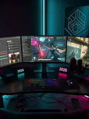 Futuristic streaming setup with gaming display and software settings, 2026 guide