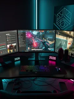 Futuristic streaming setup with gaming display and software settings, 2026 guide