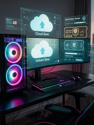 Futuristic gaming setup showcasing 2026 US gamer benefits like cloud saves and early demos.