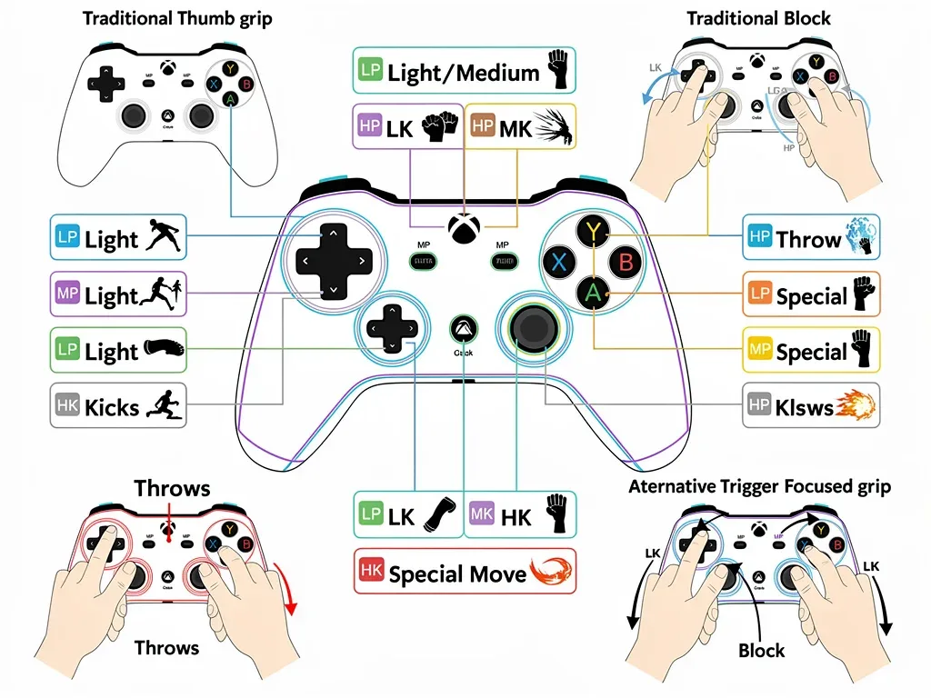 Diagram of gamepad button mapping for fighting games, showing ergonomic layouts.
