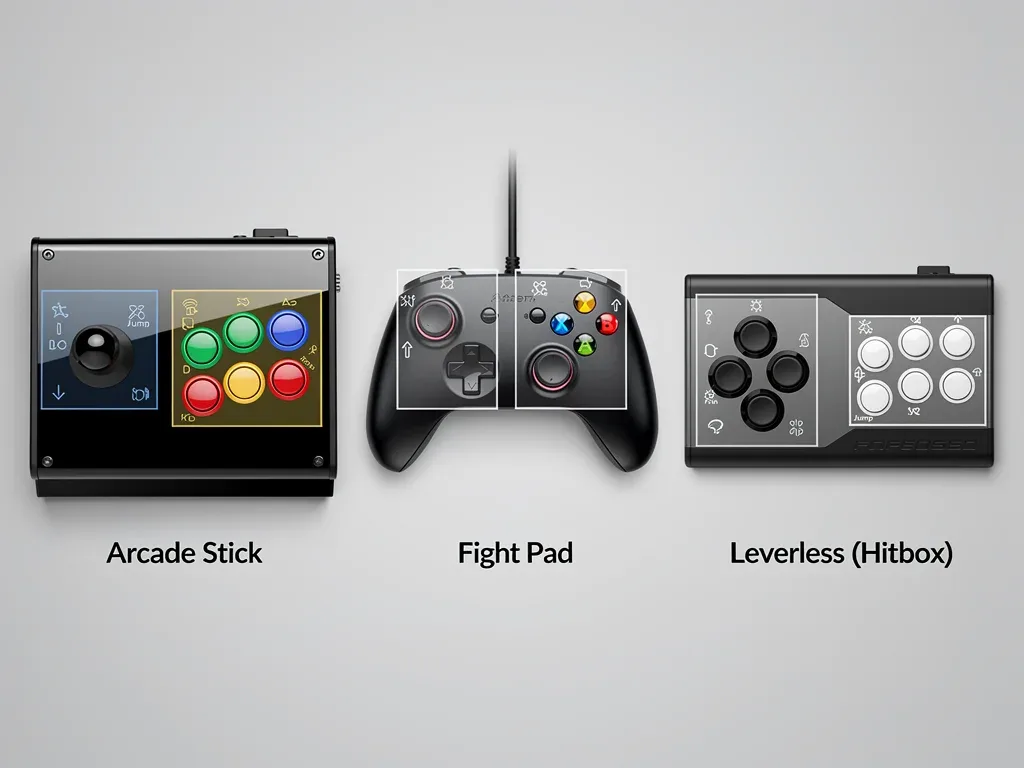 Comparison of arcade stick, fight pad, and leverless fighting game controllers.