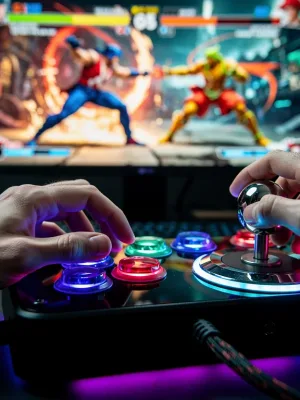 Gamer's hands on a custom fighting game arcade stick, demonstrating precise control.