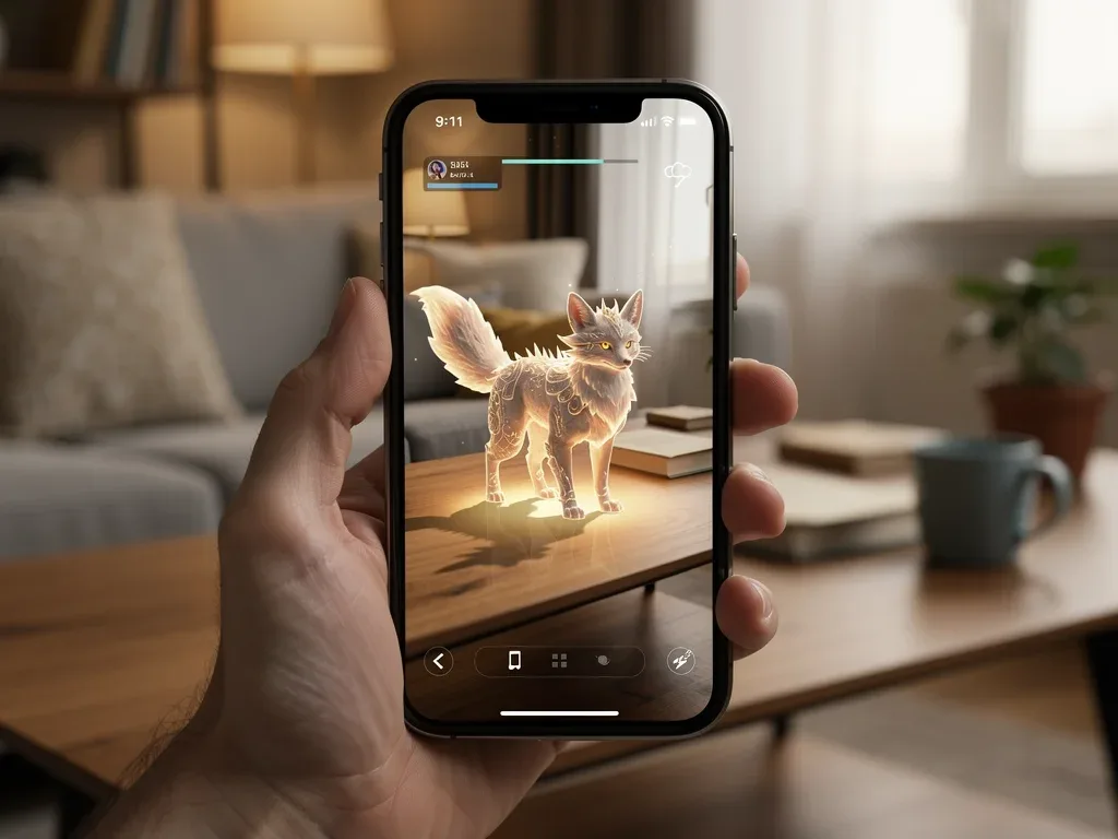 Mythical creature in AR mobile game on coffee table