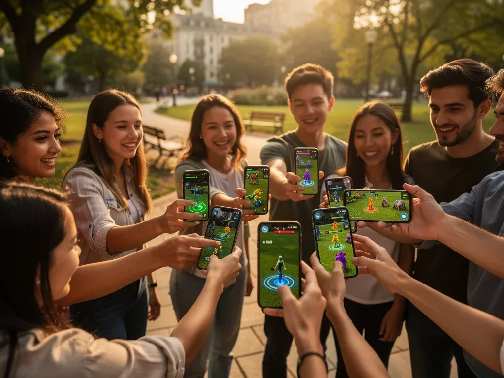 Friends playing multiplayer AR mobile game outdoors