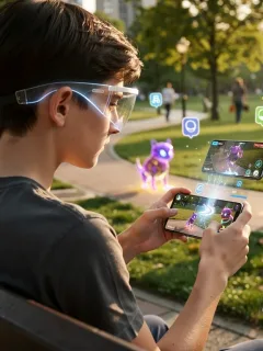 Futuristic gamer playing AR mobile game in a park
