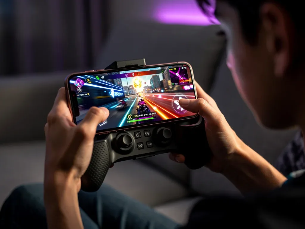 Gamer using a smartphone with a controller accessory, immersed in a mobile game, showcasing enhanced gaming experience.