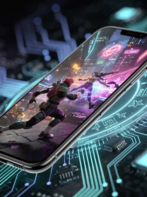 Futuristic smartphone showcasing a high-fidelity mobile game, symbolizing advanced mobile gaming hardware and future readiness.
