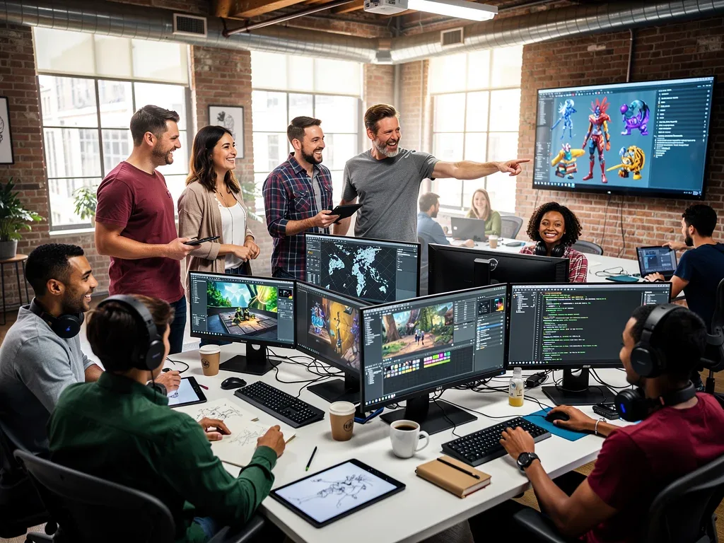 Game developers collaborating in a studio, symbolizing innovation.