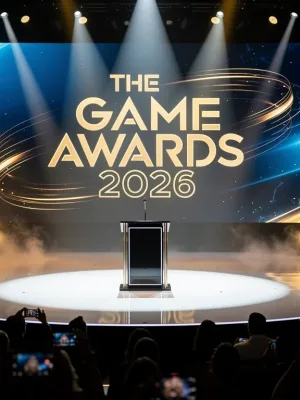 Grand stage with 'The Game Awards 2026' logo, symbolizing gaming excellence.