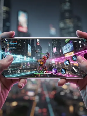 Futuristic smartphone displaying high-fidelity mobile game with optimized performance