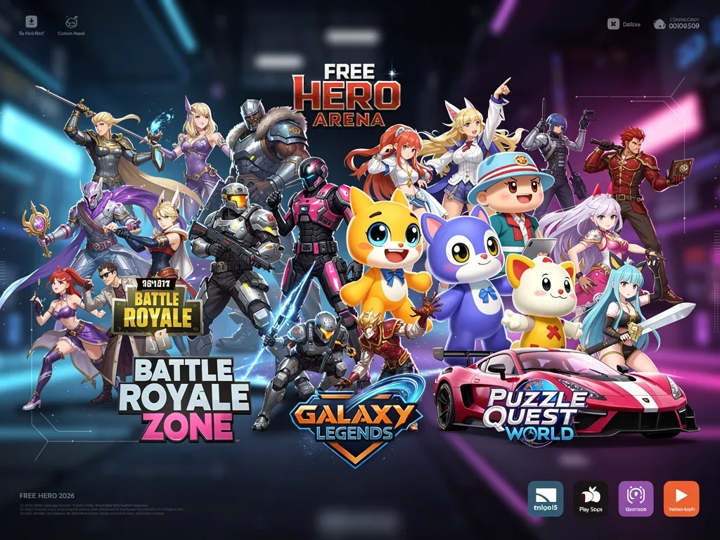 Collage of diverse free-to-play game characters and logos for 2026