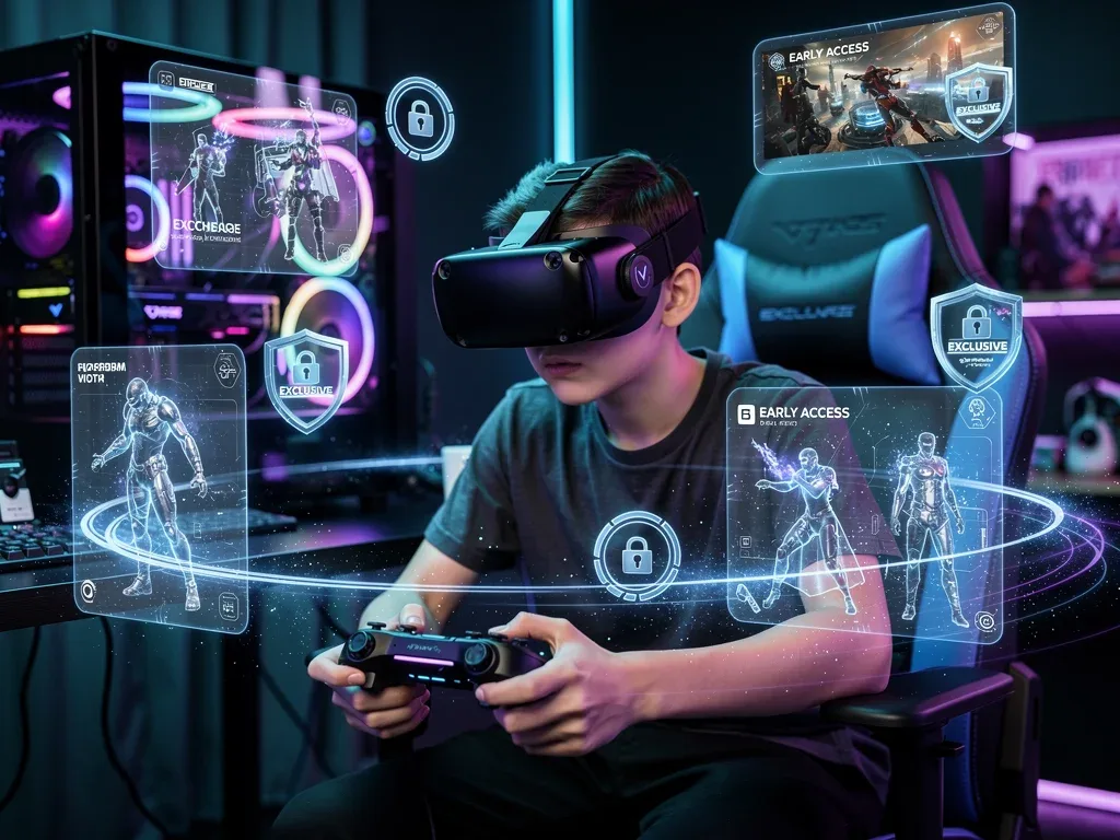 Gamer in VR headset accessing exclusive content and early access perks