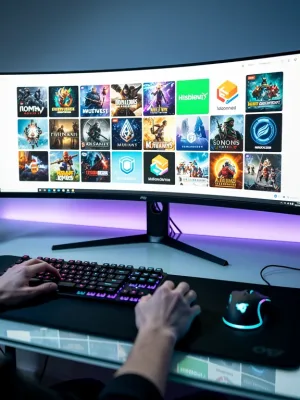 Futuristic gaming setup with multiple screens showcasing diverse 2026 gaming perks