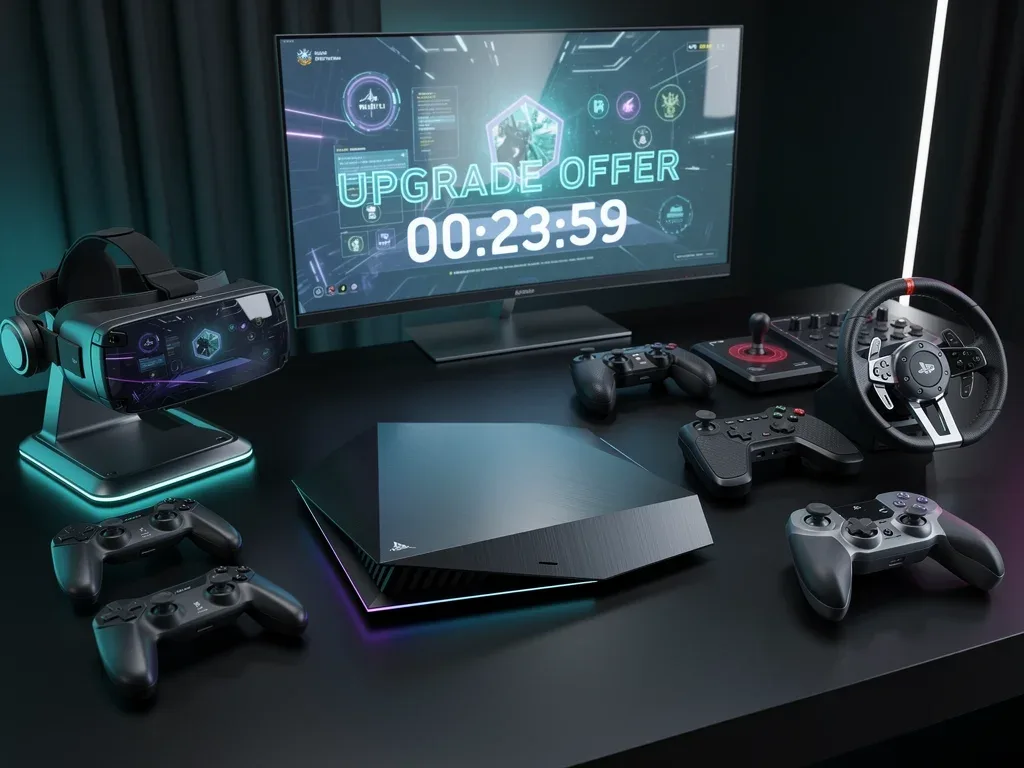 Modern gaming console and peripherals, including VR headset, representing expiring hardware upgrade deals.