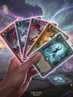 Hand holding glowing Arcane Duels cards over a magical battlefield