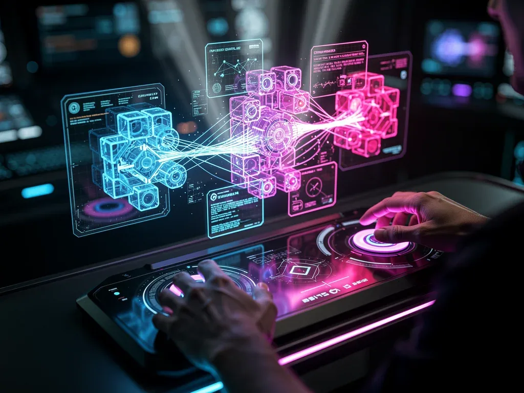 Player solving a holographic puzzle in Cybernetic Siege game.