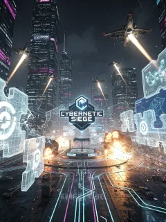 Futuristic cityscape with holographic puzzle elements from Cybernetic Siege.