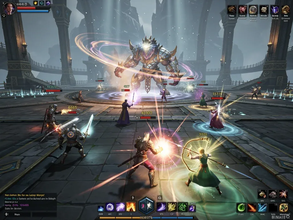 Epic boss battle with multiple players in a mobile MMORPG.