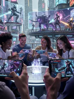 Futuristic mobile MMO gameplay on smartphones with detailed characters and vibrant environments.
