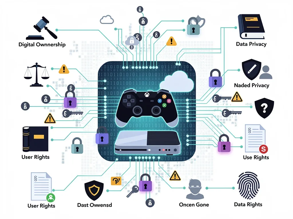 Infographic on digital ownership, data privacy, and legal frameworks in gaming.