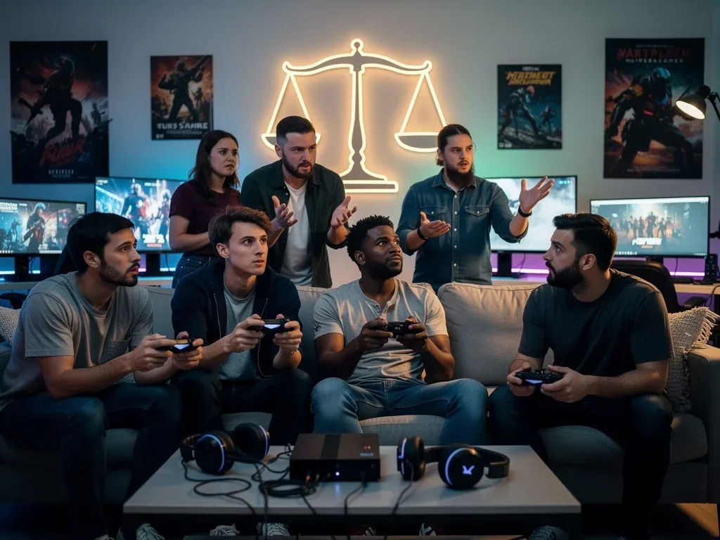 Gamers discussing fair play and consumer advocacy, with scales of justice icon.