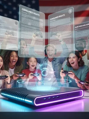 Futuristic gaming console with legal documents and US flag, representing 2026 gaming rights and consumer protection.