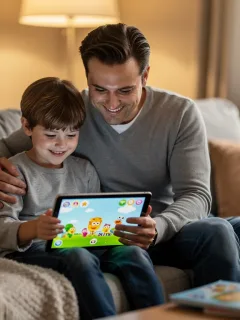 Parent and child engaging with mobile game, supervised