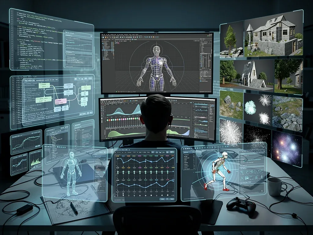 Game developer creating 3D models and coding in a futuristic digital workspace.