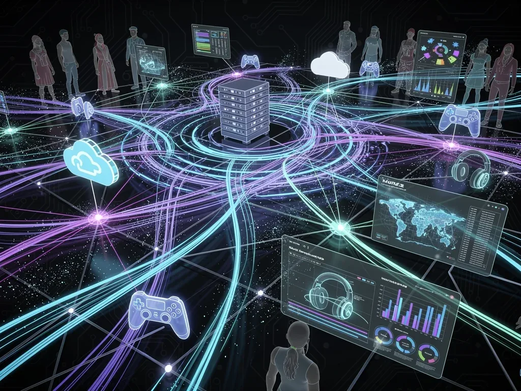 Interconnected digital networks representing cloud gaming and online multiplayer trends.