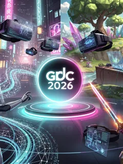 Futuristic game development concepts for GDC 2026, showcasing AI, VR, and diverse character design.