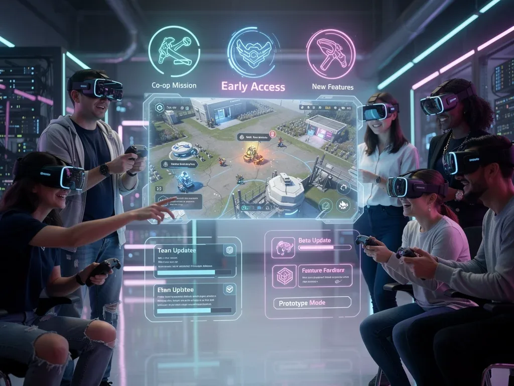 Diverse gamers collaborating in virtual reality early access game