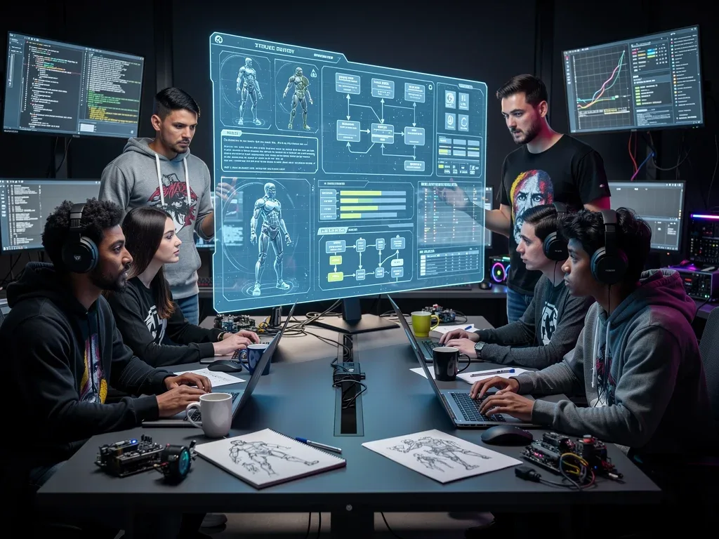 Game developers collaborating on holographic display, symbolizing development challenges