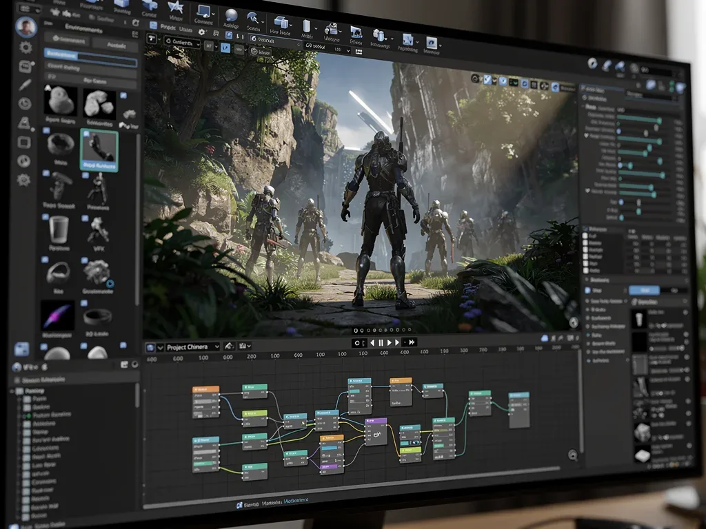 Game engine interface showcasing detailed environmental assets and character models
