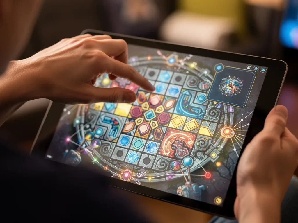 Player's hand interacting with a tablet in a puzzle mobile game, hinting at hidden objectives.
