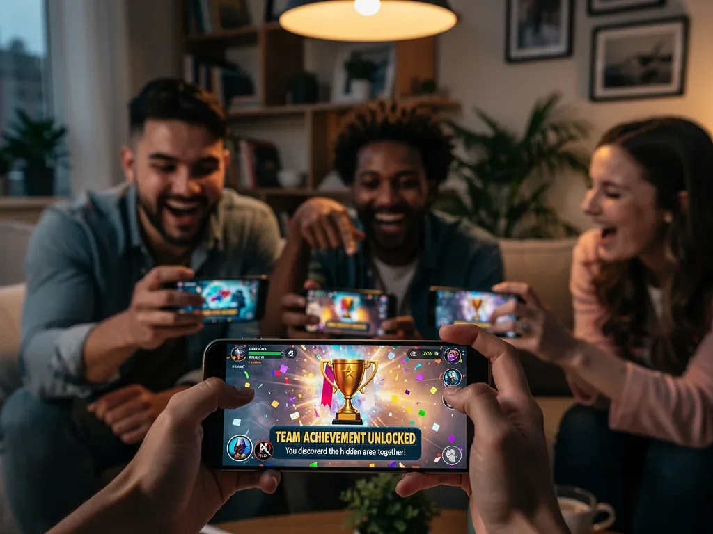 Friends collaborating on multiplayer mobile game, celebrating a teamwork-based achievement.