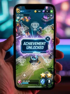 Gamer unlocking a secret achievement on a mobile phone, surrounded by digital trophies.