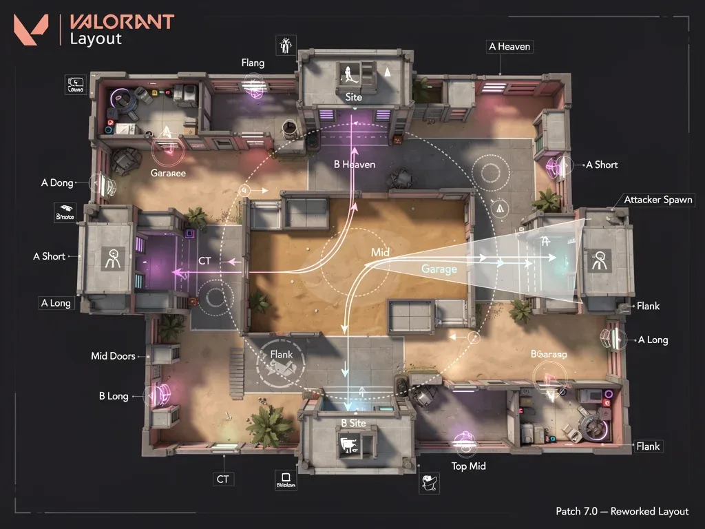 Aerial map view of a Valorant competitive map with strategic callouts and tactical points highlighted.