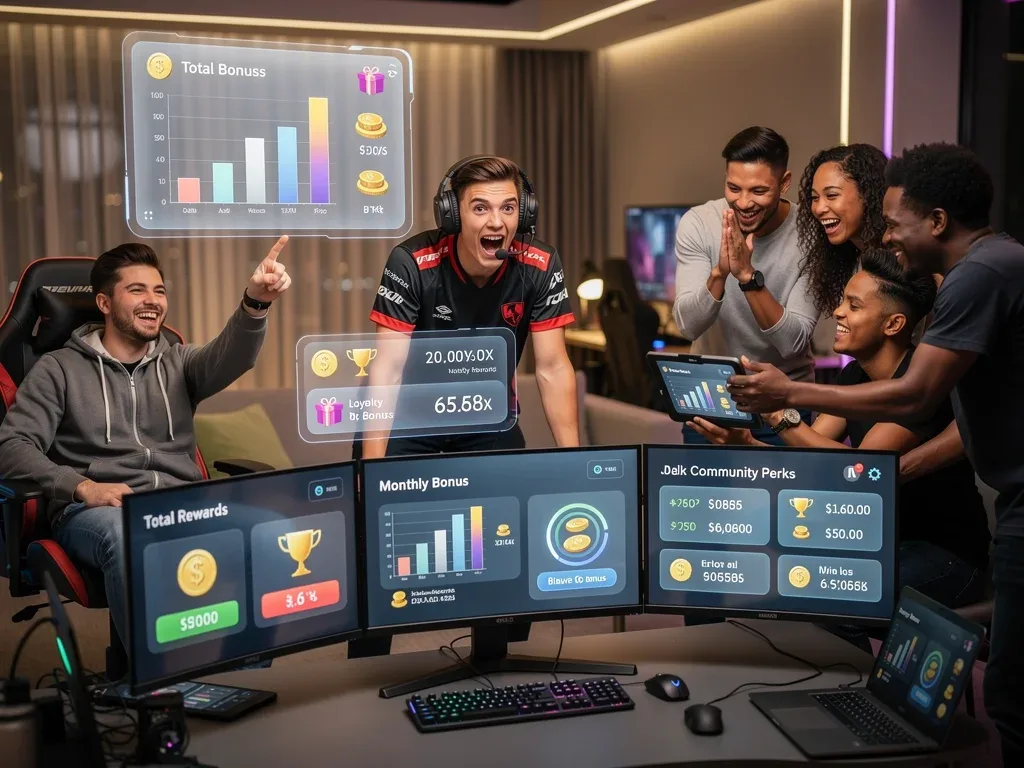 Diverse gamers interacting with digital rewards interfaces, showcasing benefits of 2026 gaming programs.