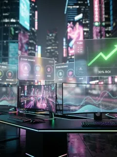 Futuristic gaming city with neon lights and holographic displays showing a 30% ROI for active players.