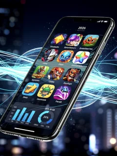 Futuristic smartphone showing mobile game data usage statistics and network connectivity