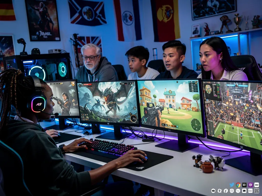 Diverse gamers enjoying various PC games on Steam, showcasing global appeal.