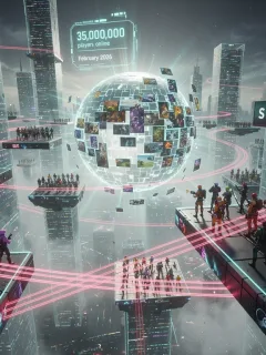 Futuristic digital landscape with interconnected gaming avatars, symbolizing Steam's record concurrent users.